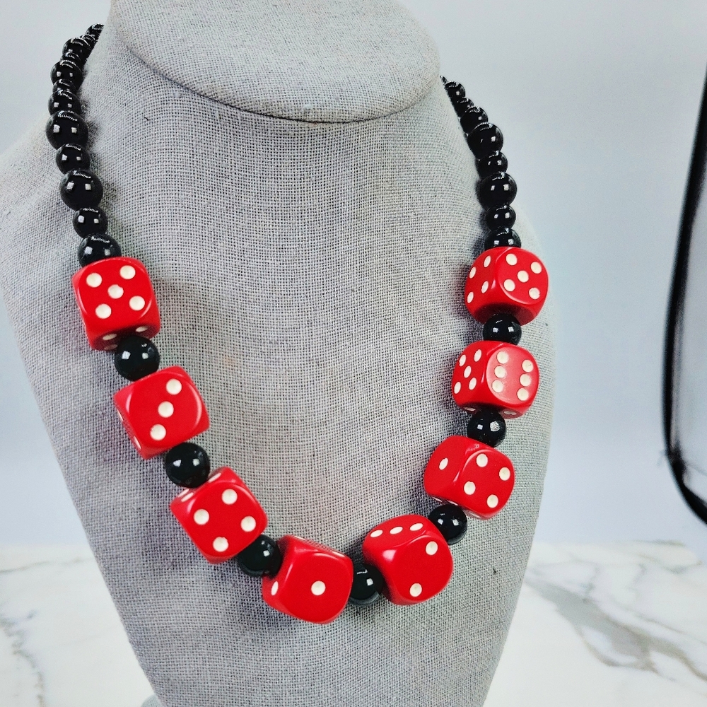 Vintage Red Dice Necklace Black Glass Bead Vegas Gambling Casino Rockabi…